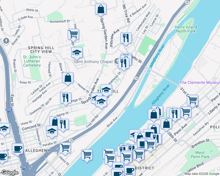 map of restaurants, bars, coffee shops, grocery stores, and more near in Pittsburgh