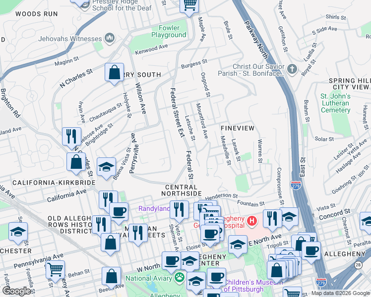 map of restaurants, bars, coffee shops, grocery stores, and more near 6 Mercy Street in Pittsburgh
