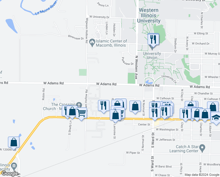 map of restaurants, bars, coffee shops, grocery stores, and more near 378 Eggers Drive in Macomb