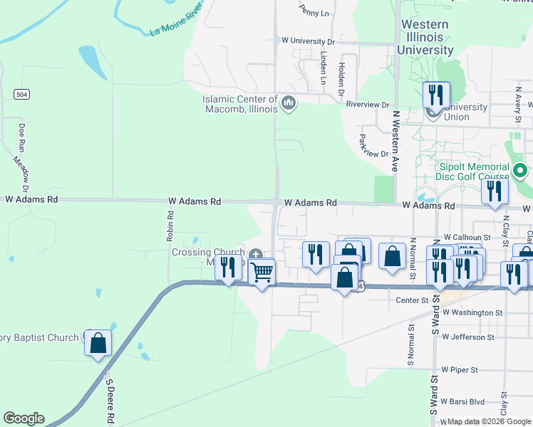 map of restaurants, bars, coffee shops, grocery stores, and more near 1613 West Adams Road in Macomb