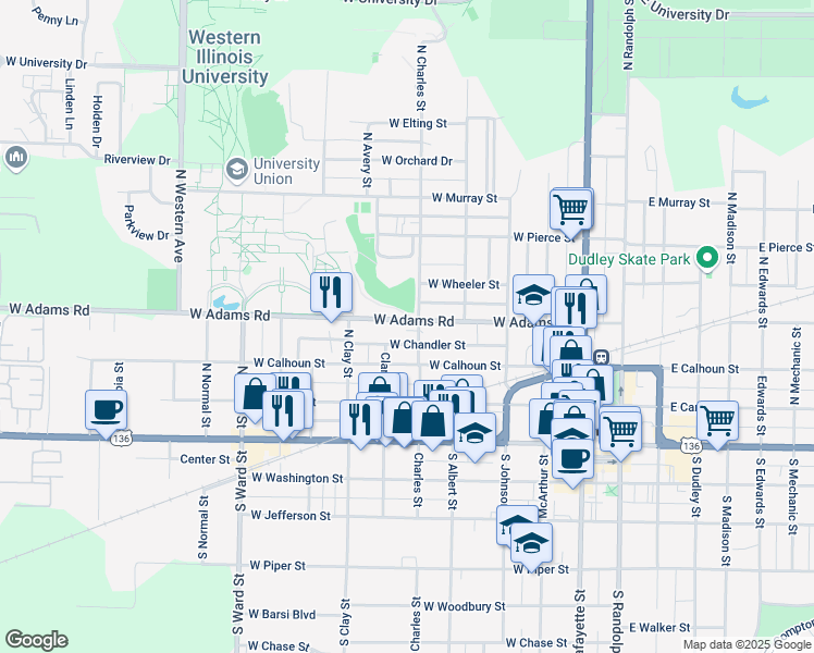 map of restaurants, bars, coffee shops, grocery stores, and more near 507 West Adams Street in Macomb
