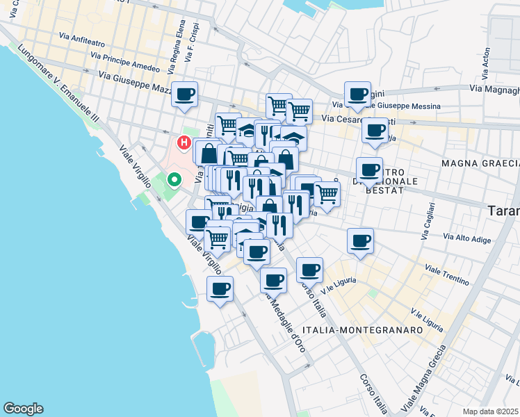 map of restaurants, bars, coffee shops, grocery stores, and more near 37 Via Japigia in Taranto