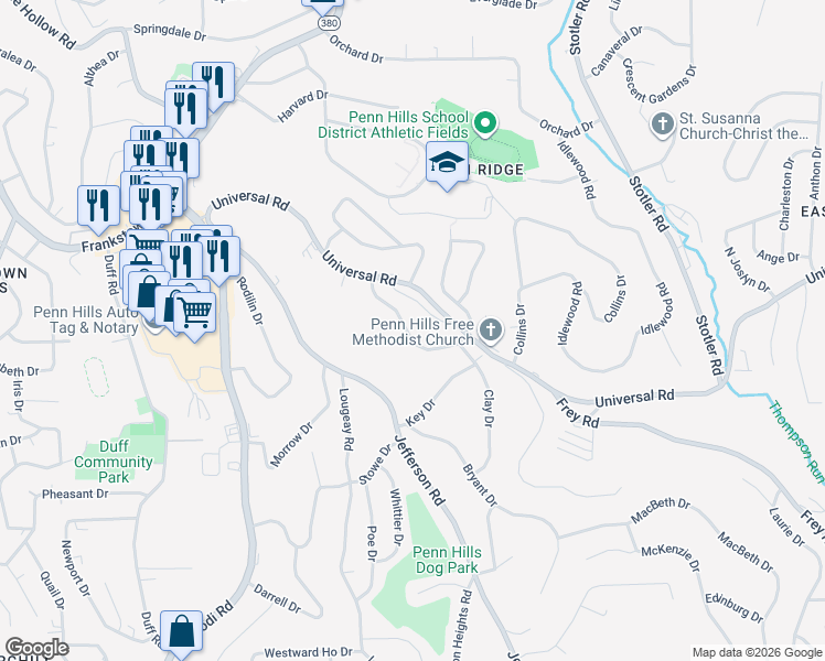 map of restaurants, bars, coffee shops, grocery stores, and more near 201 Webster Drive in Pittsburgh