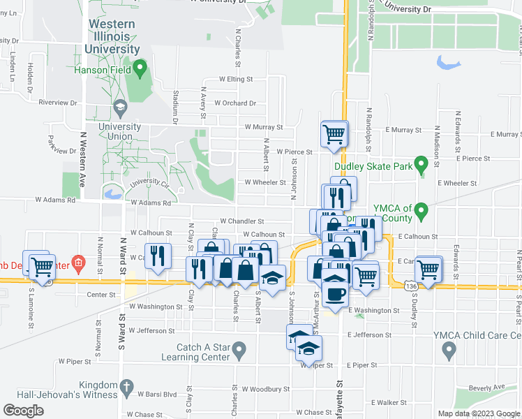 map of restaurants, bars, coffee shops, grocery stores, and more near 407 West Adams Street in Macomb