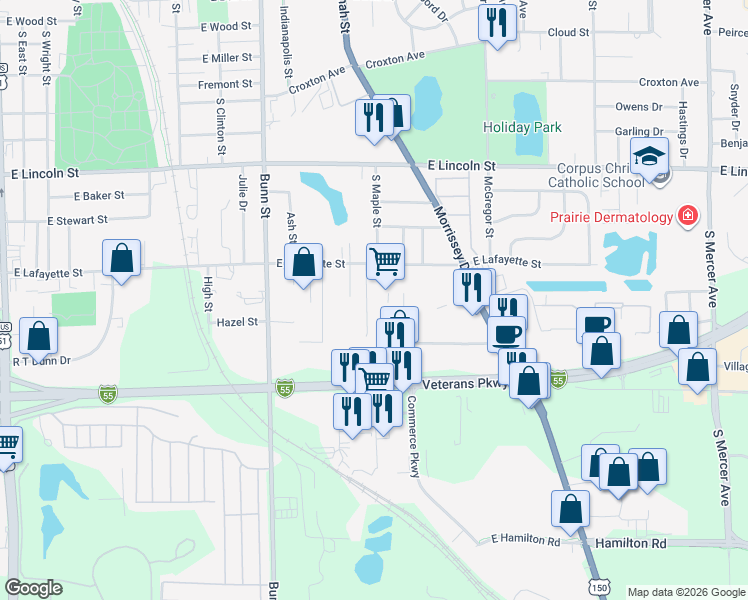 map of restaurants, bars, coffee shops, grocery stores, and more near 1312 Beverly Lane in Bloomington