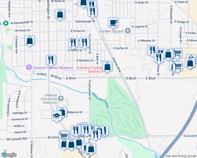 map of restaurants, bars, coffee shops, grocery stores, and more near 501 E Blvd in Kokomo
