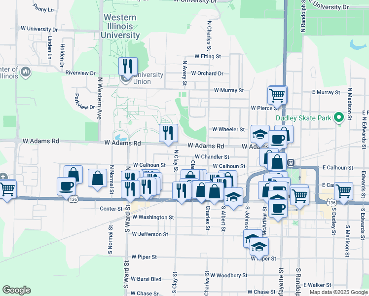 map of restaurants, bars, coffee shops, grocery stores, and more near 619 West Adams Street in Macomb