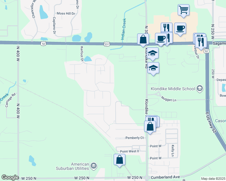 map of restaurants, bars, coffee shops, grocery stores, and more near 2947 Morallion Drive in West Lafayette