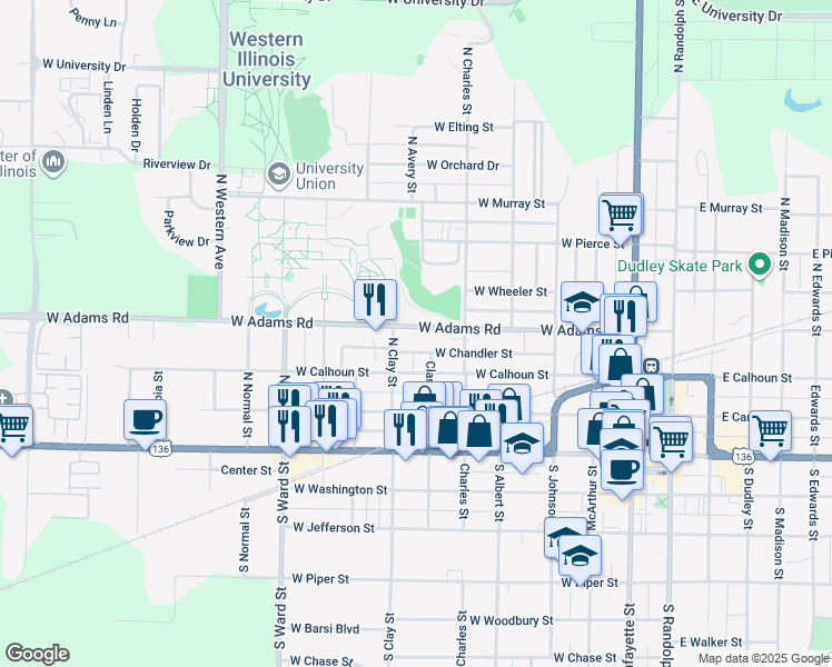 map of restaurants, bars, coffee shops, grocery stores, and more near 615 West Adams Street in Macomb