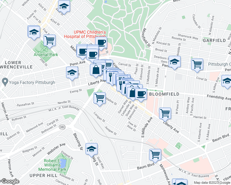 map of restaurants, bars, coffee shops, grocery stores, and more near 4528 Panama Way in Pittsburgh