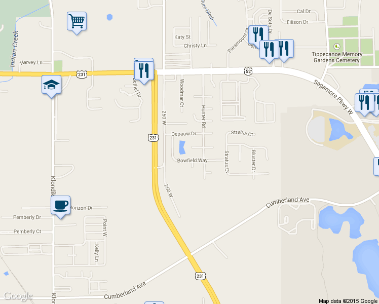 map of restaurants, bars, coffee shops, grocery stores, and more near 2417 Temple Court West in West Lafayette