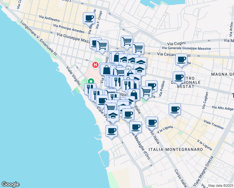 map of restaurants, bars, coffee shops, grocery stores, and more near 22 Via Japigia in Taranto