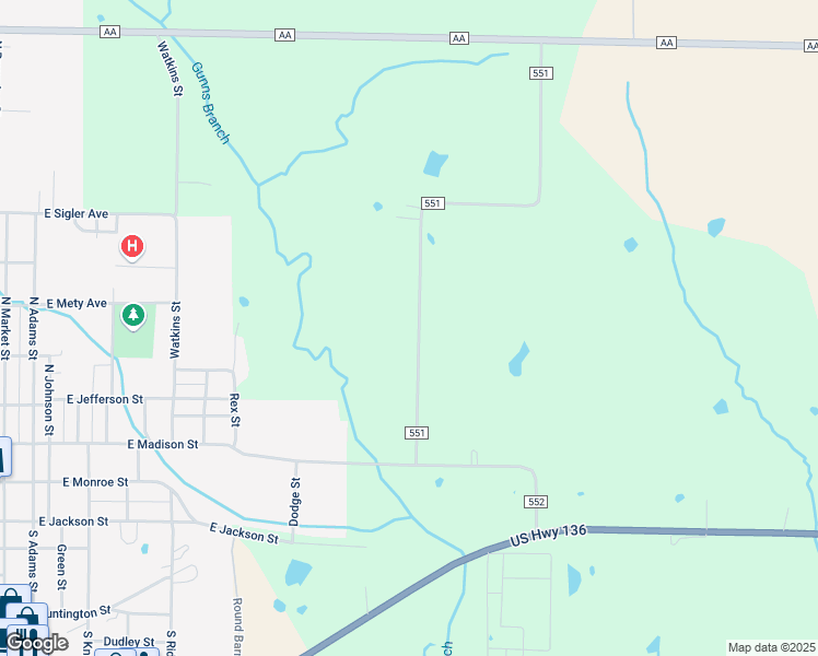 map of restaurants, bars, coffee shops, grocery stores, and more near 19074 County Road 551 in Memphis