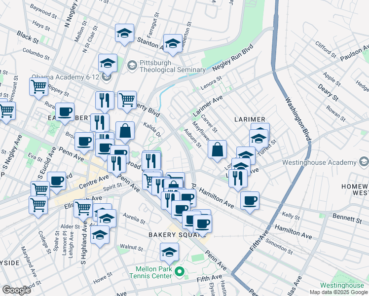 map of restaurants, bars, coffee shops, grocery stores, and more near 12054 East Liberty Boulevard in Pittsburgh