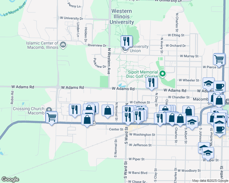 map of restaurants, bars, coffee shops, grocery stores, and more near 374 North Normal Street in Macomb