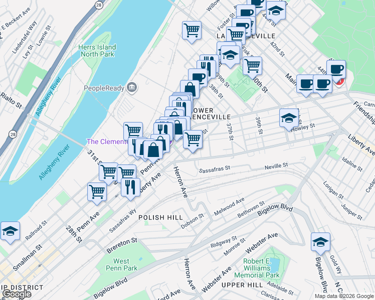 map of restaurants, bars, coffee shops, grocery stores, and more near 3407 Ligonier Street in Pittsburgh