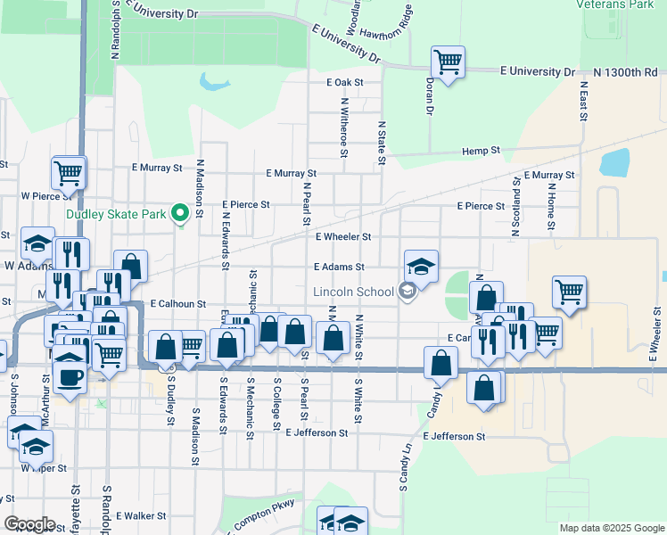 map of restaurants, bars, coffee shops, grocery stores, and more near 1000 East Adams Street in Macomb