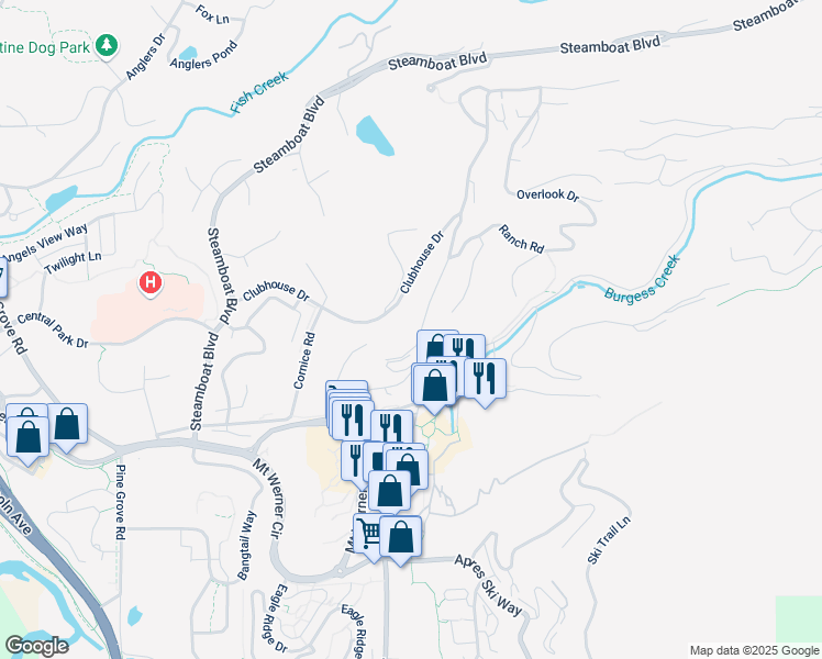 map of restaurants, bars, coffee shops, grocery stores, and more near 1765 River Queen Lane in Steamboat Springs