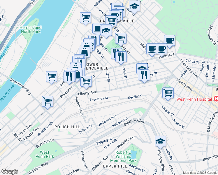 map of restaurants, bars, coffee shops, grocery stores, and more near 510 37th Street in Pittsburgh