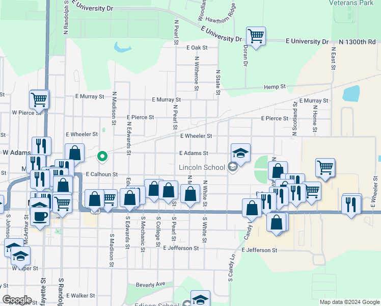 map of restaurants, bars, coffee shops, grocery stores, and more near 1000 East Adams Street in Macomb