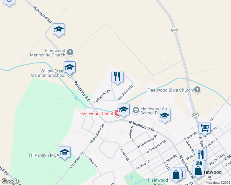 map of restaurants, bars, coffee shops, grocery stores, and more near 53 Brookfield Drive in Fleetwood