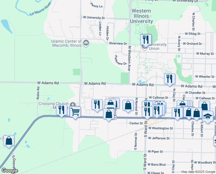map of restaurants, bars, coffee shops, grocery stores, and more near 373 Eggers Drive in Macomb