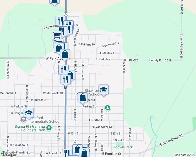 map of restaurants, bars, coffee shops, grocery stores, and more near 1414 North Mulberry Street in Hartford City