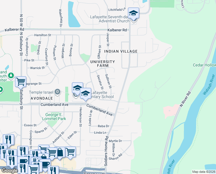map of restaurants, bars, coffee shops, grocery stores, and more near 3051 Sullivan Street in West Lafayette