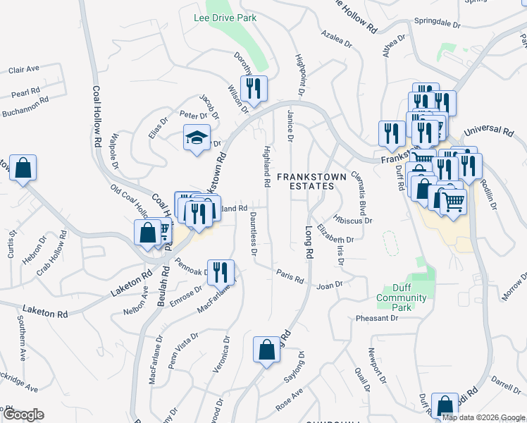 map of restaurants, bars, coffee shops, grocery stores, and more near 102 Dauntless Drive in Pittsburgh