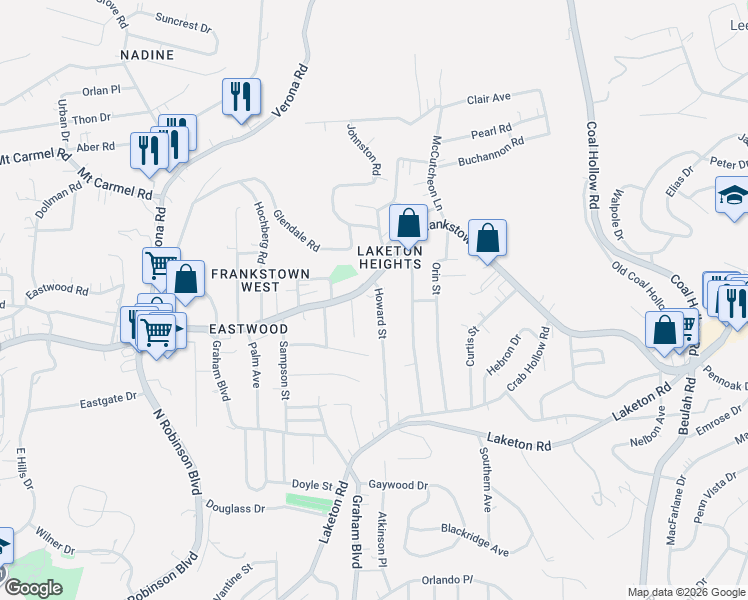 map of restaurants, bars, coffee shops, grocery stores, and more near 9804 Frankstown Road in Pittsburgh
