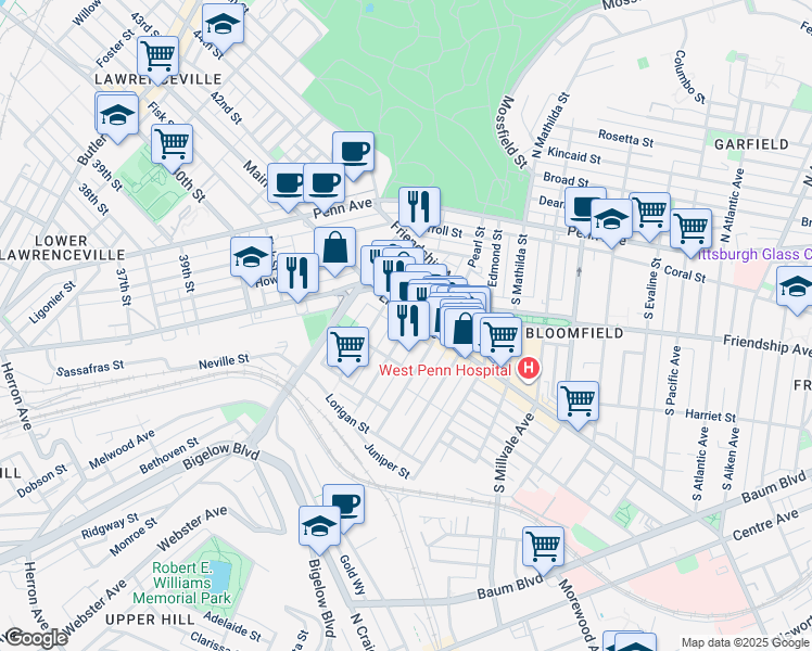 map of restaurants, bars, coffee shops, grocery stores, and more near 4518 Liberty Avenue in Pittsburgh