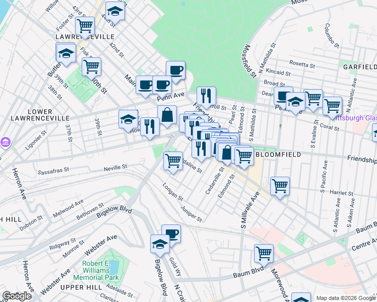 map of restaurants, bars, coffee shops, grocery stores, and more near 4518 Liberty Avenue in Pittsburgh