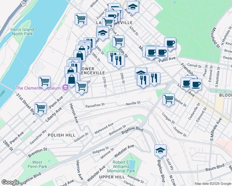 map of restaurants, bars, coffee shops, grocery stores, and more near 3809 Liberty Avenue in Pittsburgh