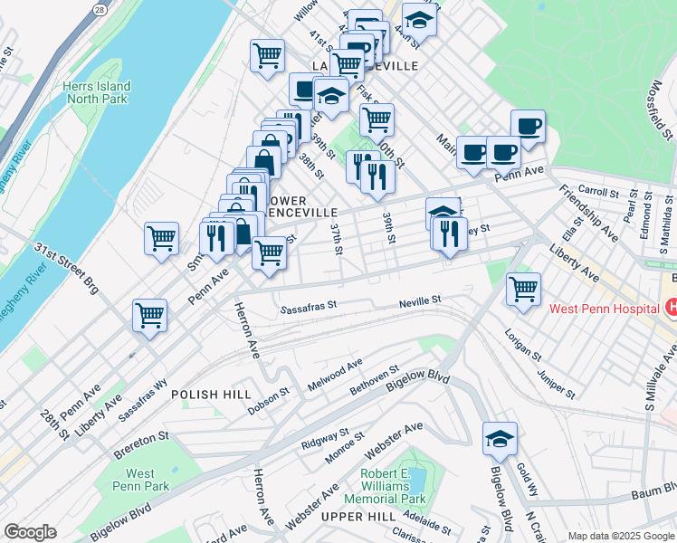map of restaurants, bars, coffee shops, grocery stores, and more near 510 37th Street in Pittsburgh