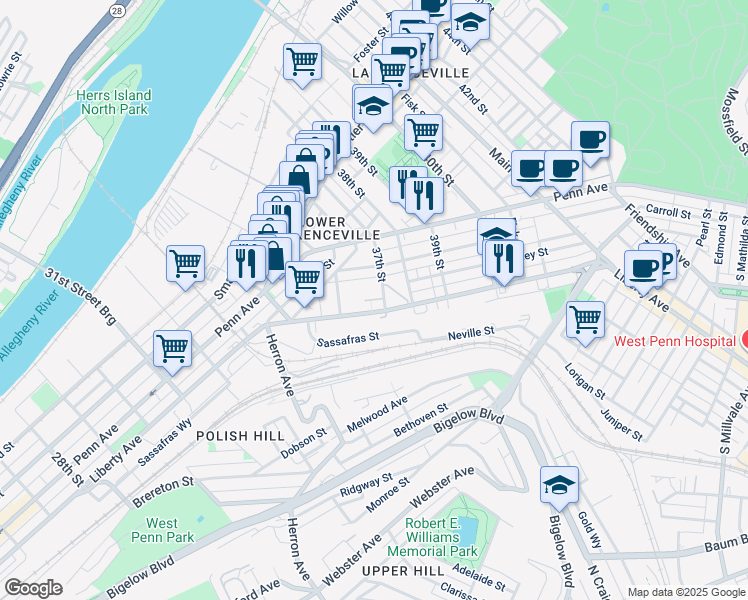 map of restaurants, bars, coffee shops, grocery stores, and more near 510 37th Street in Pittsburgh