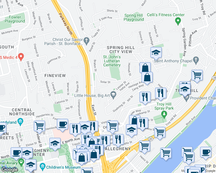 map of restaurants, bars, coffee shops, grocery stores, and more near 62 Rostock Street in Pittsburgh