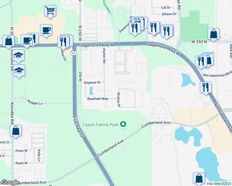 map of restaurants, bars, coffee shops, grocery stores, and more near 3144 Stratus Drive in West Lafayette