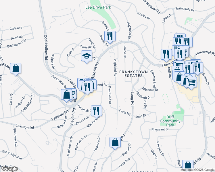 map of restaurants, bars, coffee shops, grocery stores, and more near 102 Dauntless Drive in Pittsburgh