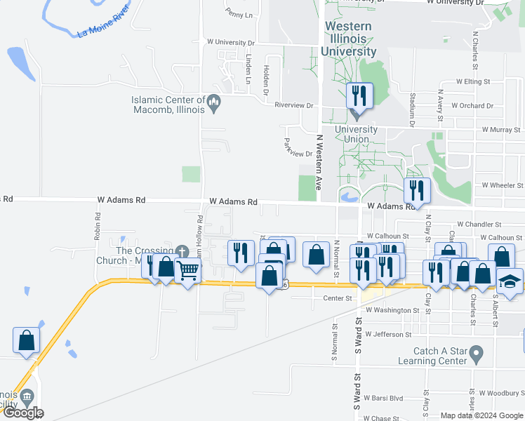 map of restaurants, bars, coffee shops, grocery stores, and more near 375 Eggers Drive in Macomb