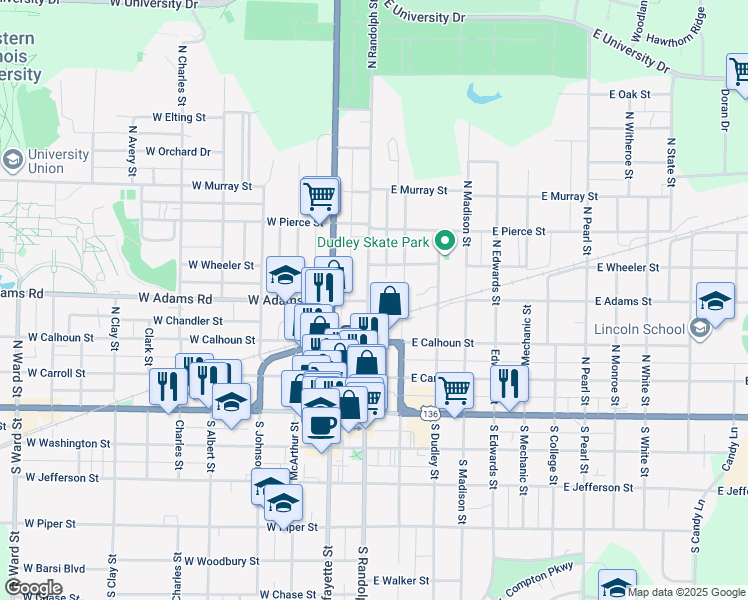 map of restaurants, bars, coffee shops, grocery stores, and more near 345 North Randolph Street in Macomb