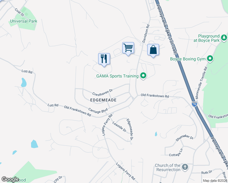 map of restaurants, bars, coffee shops, grocery stores, and more near 516 Cresthaven Dr in Pittsburgh
