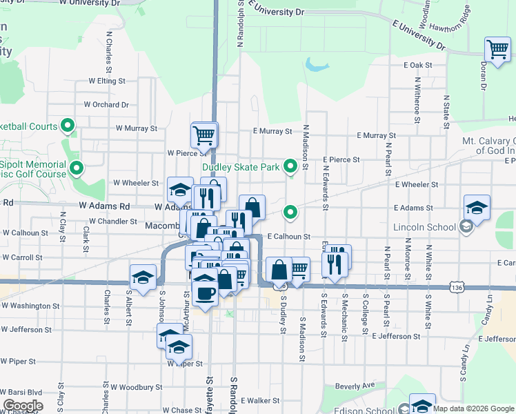 map of restaurants, bars, coffee shops, grocery stores, and more near 406 North Campbell Street in Macomb