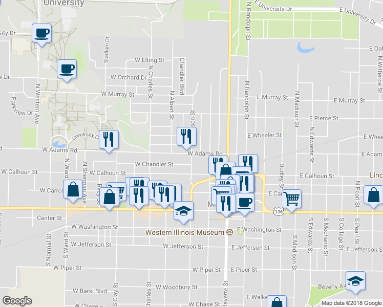 map of restaurants, bars, coffee shops, grocery stores, and more near North Johnson Street in Macomb