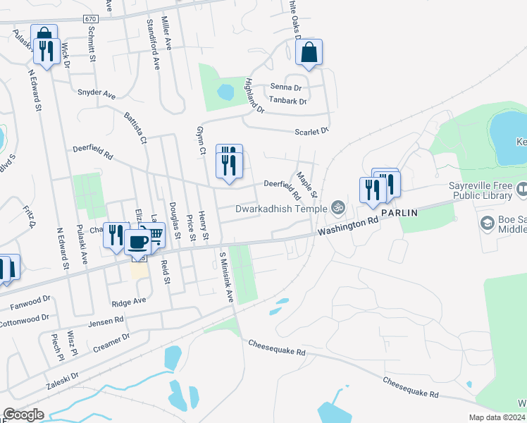 map of restaurants, bars, coffee shops, grocery stores, and more near 16 University Place in Sayreville
