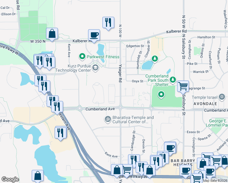 map of restaurants, bars, coffee shops, grocery stores, and more near 3303 Peppermill Drive in West Lafayette