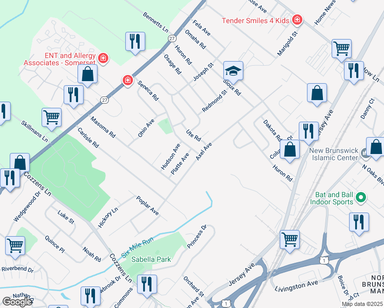 map of restaurants, bars, coffee shops, grocery stores, and more near 1298 Seneca Road in North Brunswick Township