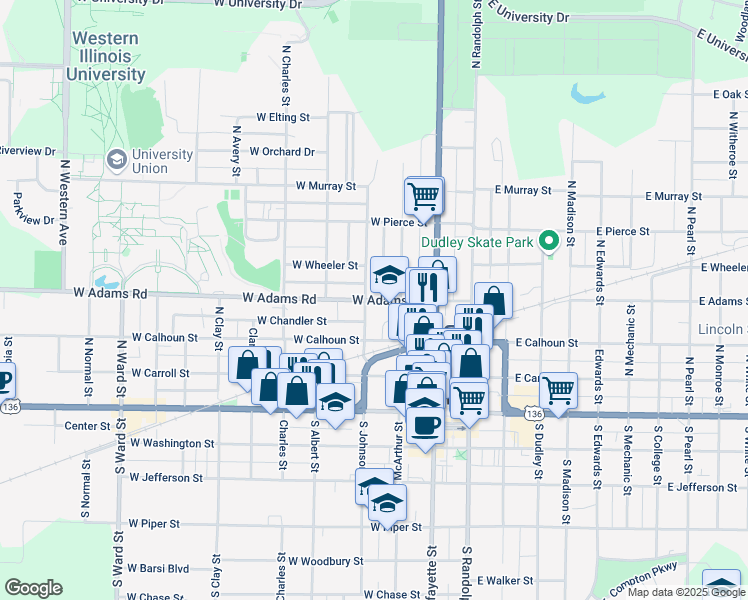 map of restaurants, bars, coffee shops, grocery stores, and more near 234 West Adams Street in Macomb