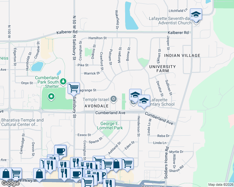map of restaurants, bars, coffee shops, grocery stores, and more near 140 Vigo Court in West Lafayette