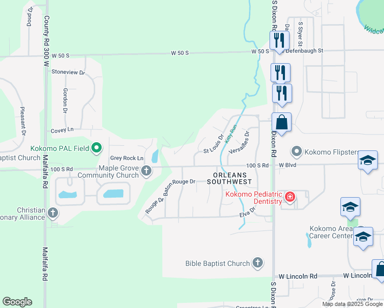 map of restaurants, bars, coffee shops, grocery stores, and more near 2019 Saint Louis Drive in Kokomo