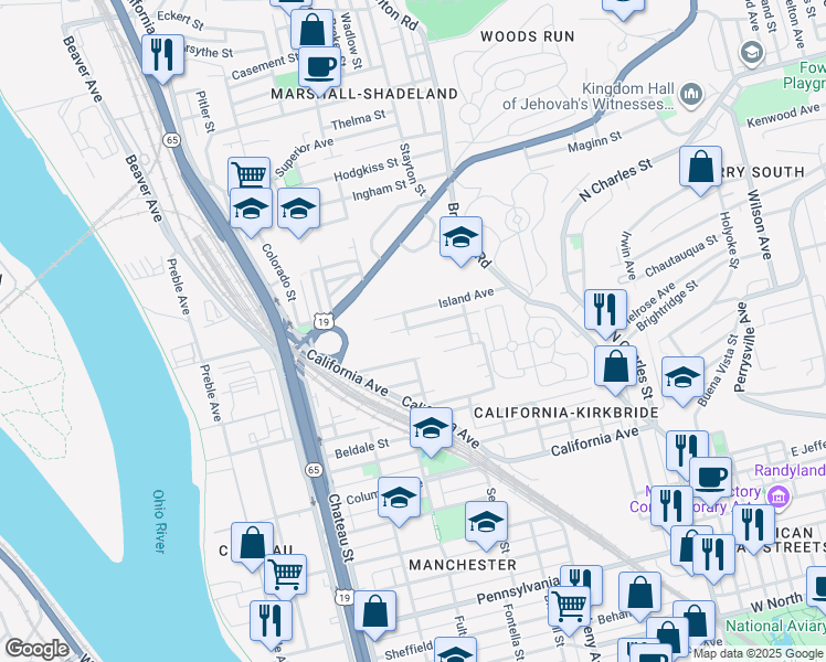 map of restaurants, bars, coffee shops, grocery stores, and more near 1239 Success Street in Pittsburgh